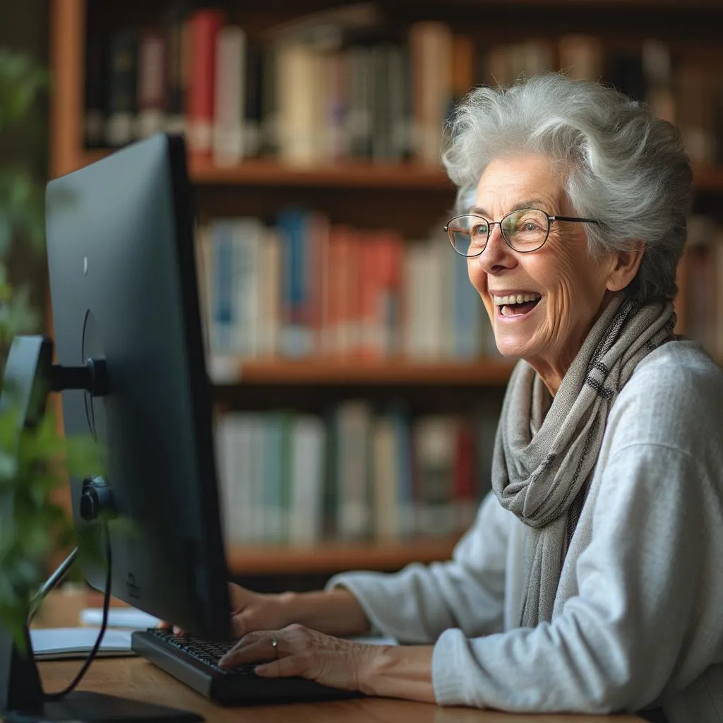 Usměvavá seniorka u počítače s pocitem úspěchu