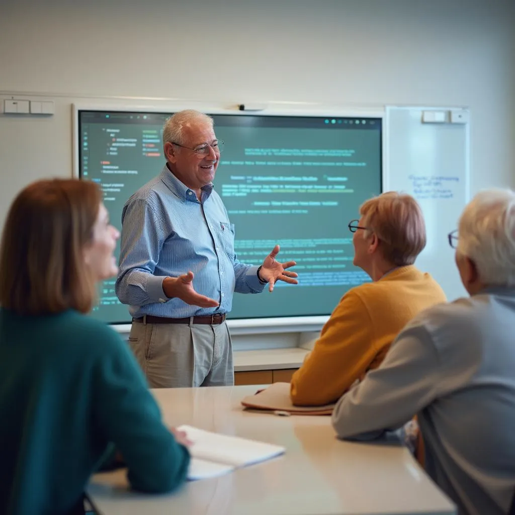 Lektor trpělivě vysvětlující látku seniorům