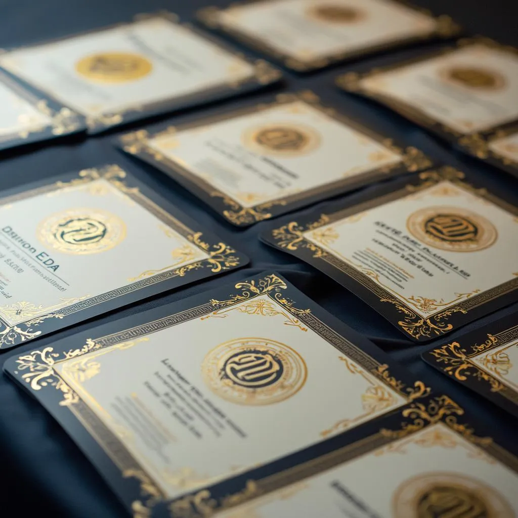 Detailní záběr na certifikáty pro absolventy kurzu